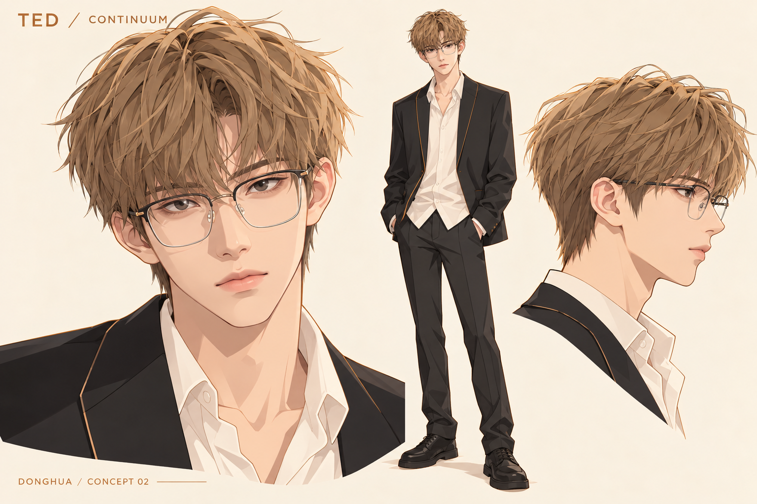 Ted's digital clone concept: retaining glasses and hairstyle, jet black coat, warm white inner collar, an amber line, three views of front, whole body and side